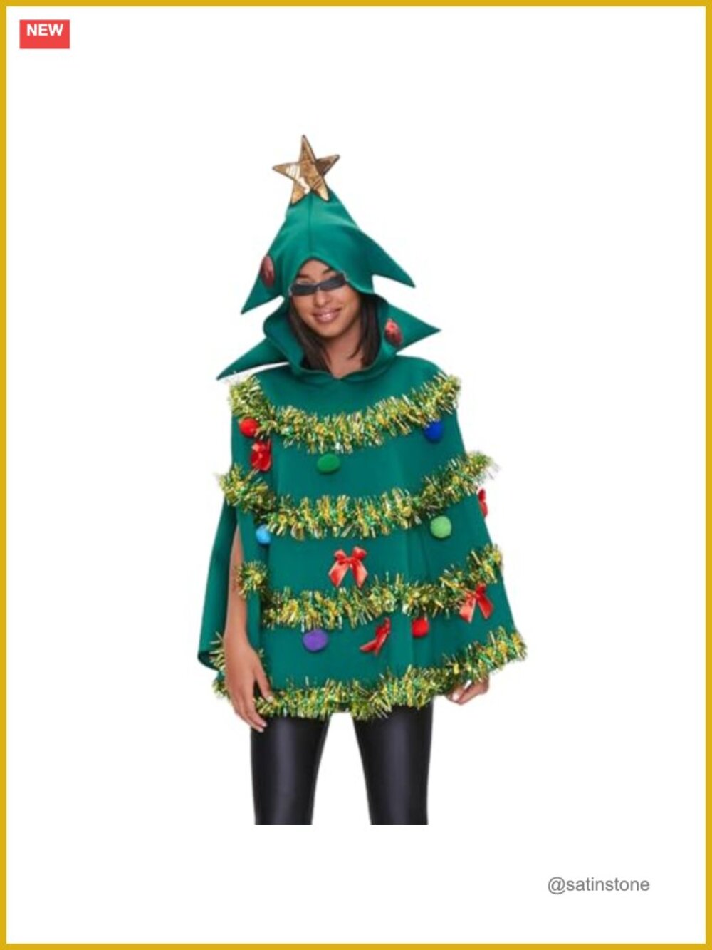Christmas Tree Poncho Costume Hooded Cape with Bow Ball Tinsel Ribbons Xmas
